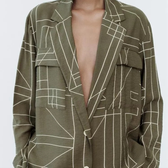 ZARA Khaki Green Oversized Relaxed Geometric Print Lightweight Blazer XS - Picture 2 of 8